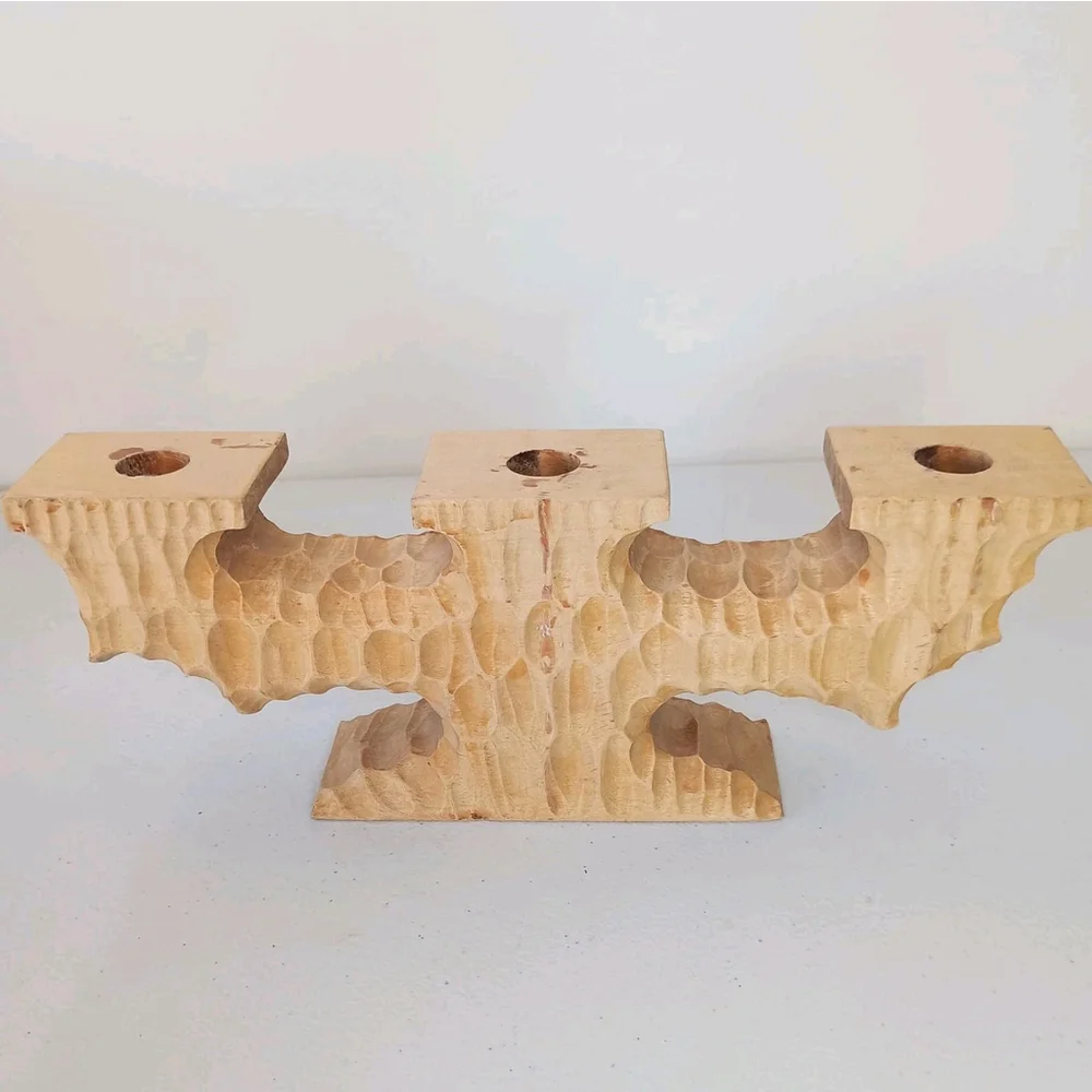 Vintage Carved Wooden Norway Model Beskytte Candle Holder Candelabra...